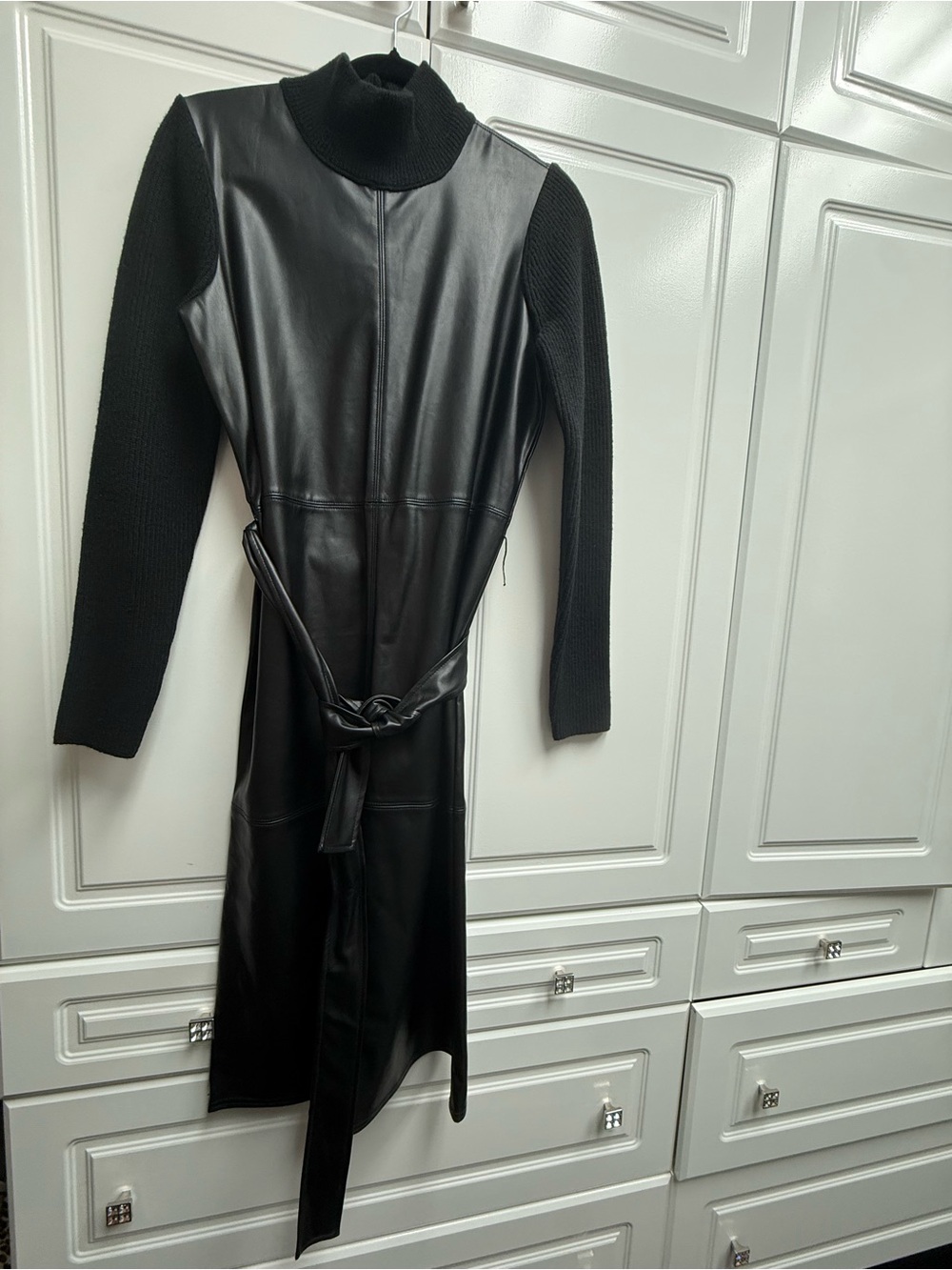 Ann Taylor Black Faux Leather Dress with Ribbed Knit Collar